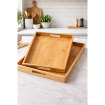 Makri Home %100 Bambu 2 Li Tepsi Seti, Büyük Tepsi: 38 X 27 X 3 Cm, Küçük Tepsi: 35 X 23 X 3 Cm Sarı