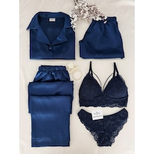 Mh Moony Homewears İzlandik 5'li Saten Pijama İç Giyim Çeyiz Seti Lacivert Ve Tonları