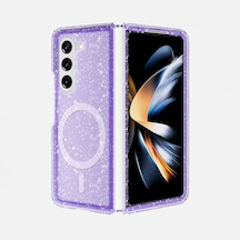 Samsung Galaxy Uyumlu Z Fold 6 Kılıf Magsafe Şarj Özellikli Simli Sert Şeffaf Allstar Kapak Mor