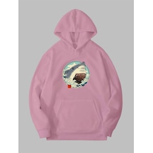 Harmandar Üç İplik Anime Köpek Balığı Baskılı Unisex Pembe Kanguru Cepli Kapüşonlu Sweatshirt Hoodie Animekopekbalıgıpembesweat