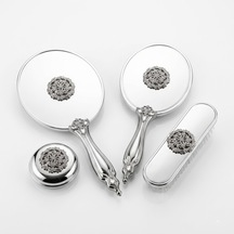Silver Çelenk Serisi Ayna Fırça Seti 4'lü - Gümüş Kaplama Kristal Taş İşlemeli Lüks Gelin Çeyiz Takımı