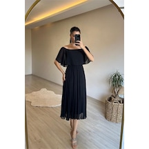 Neşeli Butik Kadın Omzu Açık Piliseli Midi Şifon Elbise Nm006 Siyah