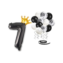 7 Rakam Siyah Folyo Balon, Kral Tacı Ve Konfetili Siyah Balon Set
