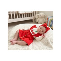Bambık İmajbebe Kız Bebek Kiraz Baskılı Zıbınlı Salopet Elbise Ve Bandana Takımı Kırmızı Kırmızı