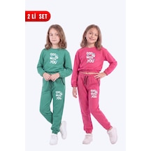 Panios Kids 2'li Kız Çocuk Bisiklet Yaka Kısa Kesim Baskılı Çift Cepli 4 Parça Eşofman Takımı Yeşil-fuşya