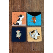 Doğal Taş Bardak Altlığı 4'lü Set 10x10x1 Cm Sevimli Kediler Baskılı-stone Coasters Çok Renkli