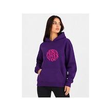 Herkesemoda Jesus Love Baskılı Kapüşonlu 2 İplik Şardonlu Sweatshirt Mor