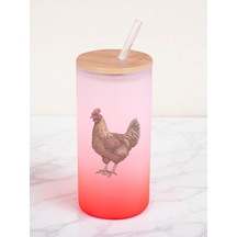 Tavuk Baskılı 600 Ml Cam Matara- Su Matarası, Suluk Matara, Cam Pipetli Matara Kırmızı
