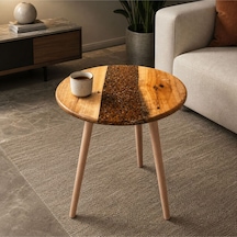 Modern Ahşap & Epoksi Detaylı Yuvarlak Kahve Sehpası 40 Cm Çap, 52 Cm Yükseklik Aletsiz Kolay Kurulum Bej