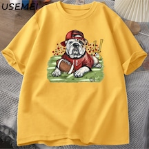 Flood Of Style Go Buldog T Shirt Komik Futbol Buldog Grafik % Baskılı Tişört Pamuk Kısa Kollu T-shirt Street Sarı