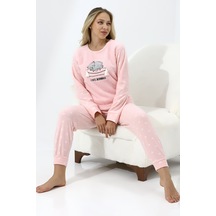 Fawn 5006 Peluş Welsoft Polar Kışlık Yumoş Kadın Pijama Takımı Uyuyan Kedili
