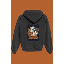 Unisex Beyaz Tom And Jerry Sırt Baskılı Sweatshirt Siyah