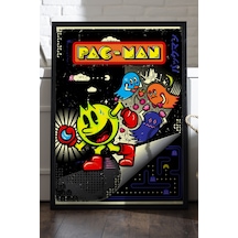 Pac-man Siyah Ahşap Çerçeveli Poster, Dekoratif Oyun Duvar Tablosu