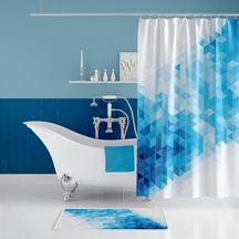 Banyo Paspas Ve Tek Kanat Duş Perdesi 1x180x200 Set Banyo Halısı Blue Square Beyaz