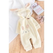Babymod Tavşan Figürlü Kapüşonlu Welsoft Peluş Kışlık Kız Bebek Tulum Krem