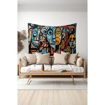 Renkli Yüzler Desenli Duvar Halısı Duvar Örtüsü Tapestry Süet Dokulu Kumaş