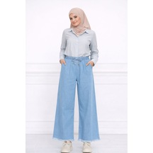 Hira Life Fashion Kadın Mavi Yazlık Paçası Püsküllü Ve Önü Bağcıklı Tesettür Giyim Yıkamalı Salaş Kot Pantalon Mavi Mavi
