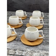 6 Kişilik Beyaz Bambu Tabaklı Papatya Kahve Fincanı Takımı Seti