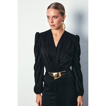 Sateen Kruvaze Desenli Bodysuit Bluz - Siyah-134273