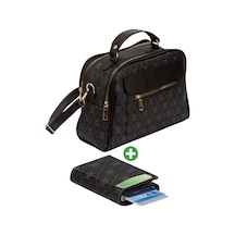 Kadın Desenli El Ve Omuz Çantası Ve Mekanizmalı Cüzdan Seti Siyah