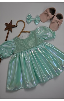 Water Green Toka Aksesuarlı Kız Bebek Elbise Mint Water Green Toka Aksesuarlı Kız Bebek Elbise Mint