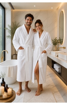 Şalyaka Bornoz Beyaz %100 Pamuk Unisex Spa Için Ideal Kadın/erkek Cep Detaylı Beyaz Beyaz