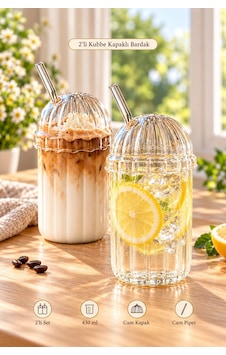 Tilbe Home 2'li Kubbe Kapaklı Pipetli Bardak İskandinav Kahve Sunum Bardağı 430ml Set Tilbe Home 2'li Kubbe Kapaklı Pipetli Bardak İskandinav Kahve Sunum Bardağı 430ml Set