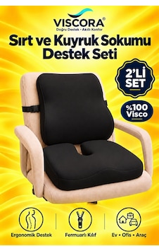 Araba Ve Ofis Koltuğu Sırt Ve Kuyruk Sokumu Minderi 2 Li Set Ergonomik Visco, Kaymaz Taban Siyah
