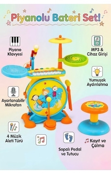 Işıklı Piyanolu Bateri Seti - Mikrofonlu, Tabureli Ve Mp3 Bağlantılı Çocuk Müzik Eğitim Seti