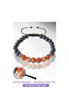 Sertifikalı Doğal Obsidyen - Karnelyan Akik Taşı Bileklik - Ayarl Çok Renkli Sertifikalı Doğal Obsidyen - Karnelyan Akik Taşı Bileklik - Ayarl Çok Renkli
