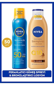 Sun Spf50 Güneş Koruyucu Ferahlatıcı Sprey 200ml Ve Q10 Sıkılaştırıcı Bronzluk Vücut Losyonu 250ml Sun Spf50 Güneş Koruyucu Ferahlatıcı Sprey 200ml Ve Q10 Sıkılaştırıcı Bronzluk Vücut Losyonu 250ml