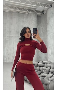 Hazego Kadın Uzun Kollu Pencere Detay Göğüs Dekolteli Bluz Ve Bol Paça Pantolon Ikili Takim Bordo