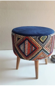 Retro Gürgen Ahşap Ayaklı Dekoratif Etnik Üst Lacivert Desenli Silindir Puf Bench Retro Gürgen Ahşap Ayaklı Dekoratif Etnik Üst Lacivert Desenli Silindir Puf Bench