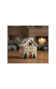 Seramik Ev Mumluk - Yılbaşı Konseptli Dekoratif Seramik Ev Biblo Tealight Holder 12.5 Cm Bej