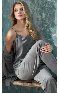 Cotonhause Kadın 3'lü Kadife Gri Pijama Takımı C1t3n402-1 001 Cotonhause Kadın 3'lü Kadife Gri Pijama Takımı C1t3n402-1 001
