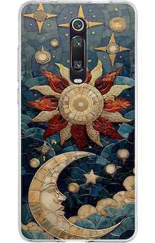 Printify Xiaomi Mi 9t İle Uyumlu Vitray Sol Ve Luna Tasarımlı Şeffaf Silikon Kılıf Şeffaf