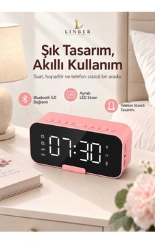 Pembe Bluetooth 5.0 Aynalı Masa Saati Ve Hoparlör 2 Alarm, Erteleme, Fm Radyo, Tf Kart Ve Dahili Mikrofon Pembe Pembe