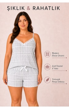 Bravie Kadın Büyük Beden İp Askılı Yakası Dantelli Ekose Desenli Gri Yazlık Pijama Takımı Bravie Kadın Büyük Beden İp Askılı Yakası Dantelli Ekose Desenli Gri Yazlık Pijama Takımı