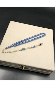 Özel Tasarım Alpaka Püsküllü Ateş Kehribar Bilek Boy Tespih 4,5x7 Mm Mavi Gümüş
