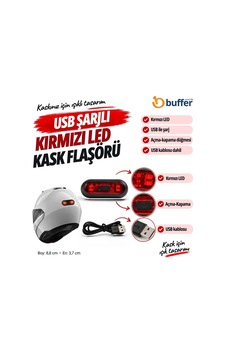Buffer Usb Şarjlı Kırmızı Led Kask Flaşörü, Açma Kapama Düğmeli Siyah Oval Gövde, Usb Kablolu 8,8 X 3,7 Cm Kask Aydınlatma Işığı İndigo