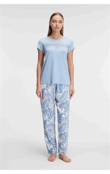 Lisinya Kısa Kol Bisiklet Yaka Kadın Viskon Çiçek Desenli Yazlık Örme Dantel Detaylı Pijama Takımı Mavi