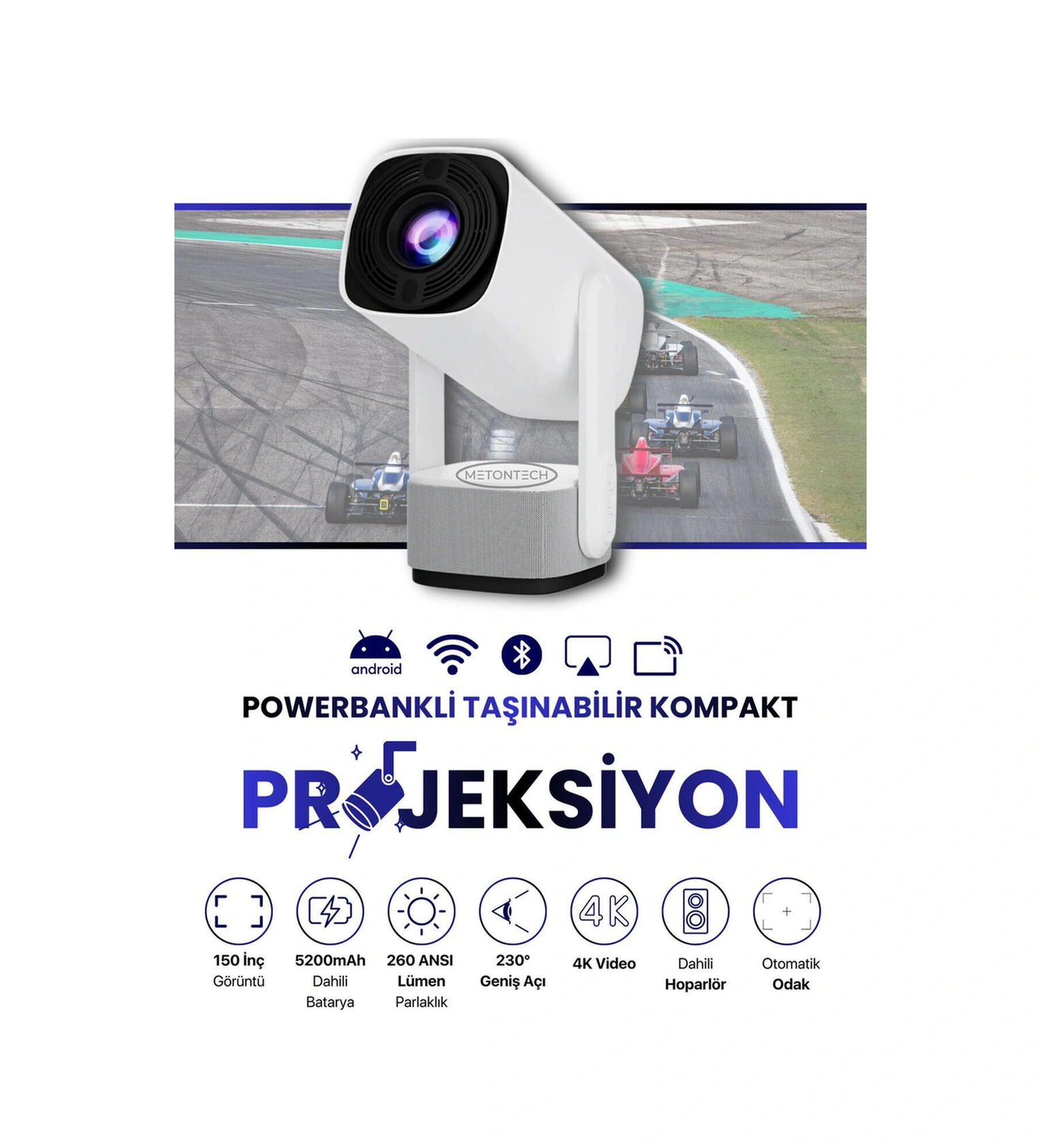 Powerbankli Kompakt Taşınabilir Projeksiyon 4k/1080p Dahili Android, Wifi, Bluetooth Rgb Led-116010