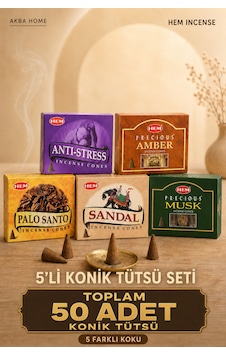 Orijinal 50 Adet Konik Tütsü Seti 5 Farklı Koku Amber Palo Santo Sandal Musk Anti Stress