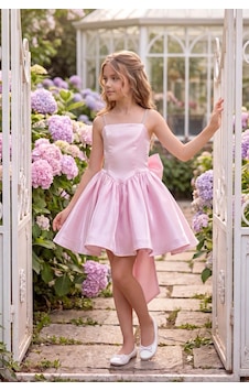 Butik Happy Kids Kız Çocuk Abiye Pembe Monoray Parlak Kumaş Taş Askılı Fiyonklu Kalarık Prenses Abiye Elbise 9-12 Yaş Mezuniyet Düğün Davet Elbisesi