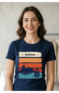 Baranışık Bodrum Kalesi Ve Yelkenli Retro Baskılı Unisex Beyaz Tişört Lacivert Baranışık Bodrum Kalesi Ve Yelkenli Retro Baskılı Unisex Beyaz Tişört Lacivert
