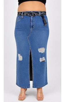 Büyük Beden Denim Kemerli Yırtmaçlı Kalem Etek Mavi Büyük Beden Denim Kemerli Yırtmaçlı Kalem Etek Mavi