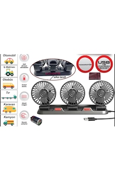 Vantilatör 12v Usb Soketli Torpido Üstü 3 Lü+numaratörlü Vantilatör 12v Usb Soketli Torpido Üstü 3 Lü+numaratörlü
