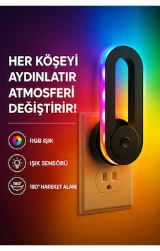 Rgb Akıllı Gece Lambası, Işık Sensörlü 180 Dönebilen Dekoratif Duvar Priz Lambası, Dokunmatik Kontrollü Renkli Ortam Aydınlatması, Yatak Odası Koridor Çocuk Odası İçin Gece Işığı Siyah Rgb Akıllı Gece Lambası, Işık Sensörlü 180 Dönebilen Dekoratif Duvar Priz Lambası, Dokunmatik Kontrollü Renkli Ortam Aydınlatması, Yatak Odası Koridor Çocuk Odası İçin Gece Işığı Siyah