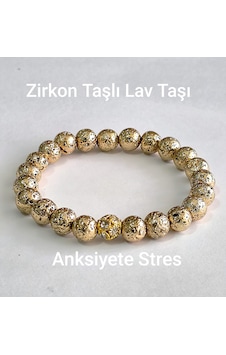 Fy Doğaltaş 8 Mm Altın Rengi Lav Taşı Ve Zirkon Taşlı Düğüm Kapama Altın