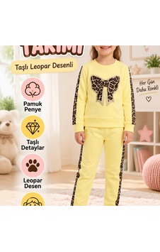 Candar Taşlı Leopar Desenli Pamuk Penye Çocuk Takımı 4/12 Yaş Sarı Candar Taşlı Leopar Desenli Pamuk Penye Çocuk Takımı 4/12 Yaş Sarı